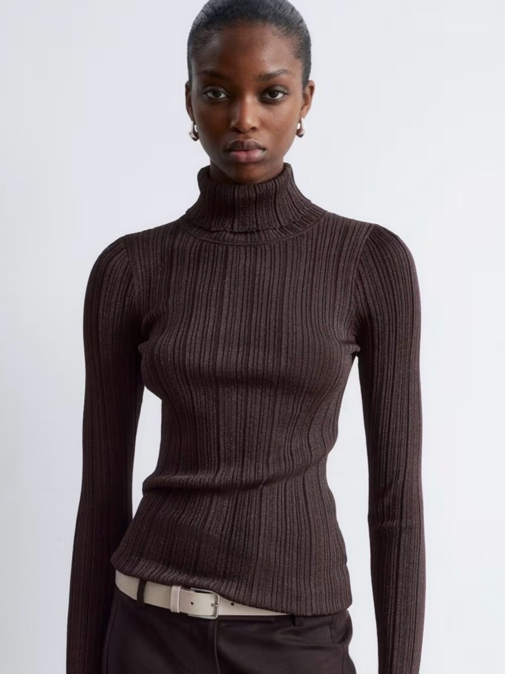 RIB-KNIT LUREX TURTLENECK Long Sleeve Ribbed Turtleneck Sweater - Brown XS NWT
